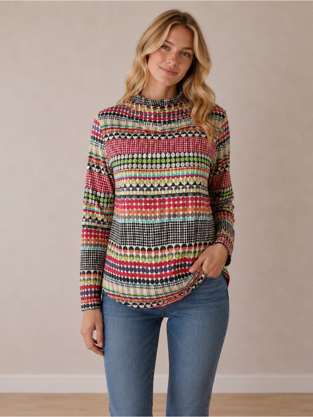 Trisha Tyler Multi Color Dot print Top Ruched Mock Neck A-Line Artsy Size L